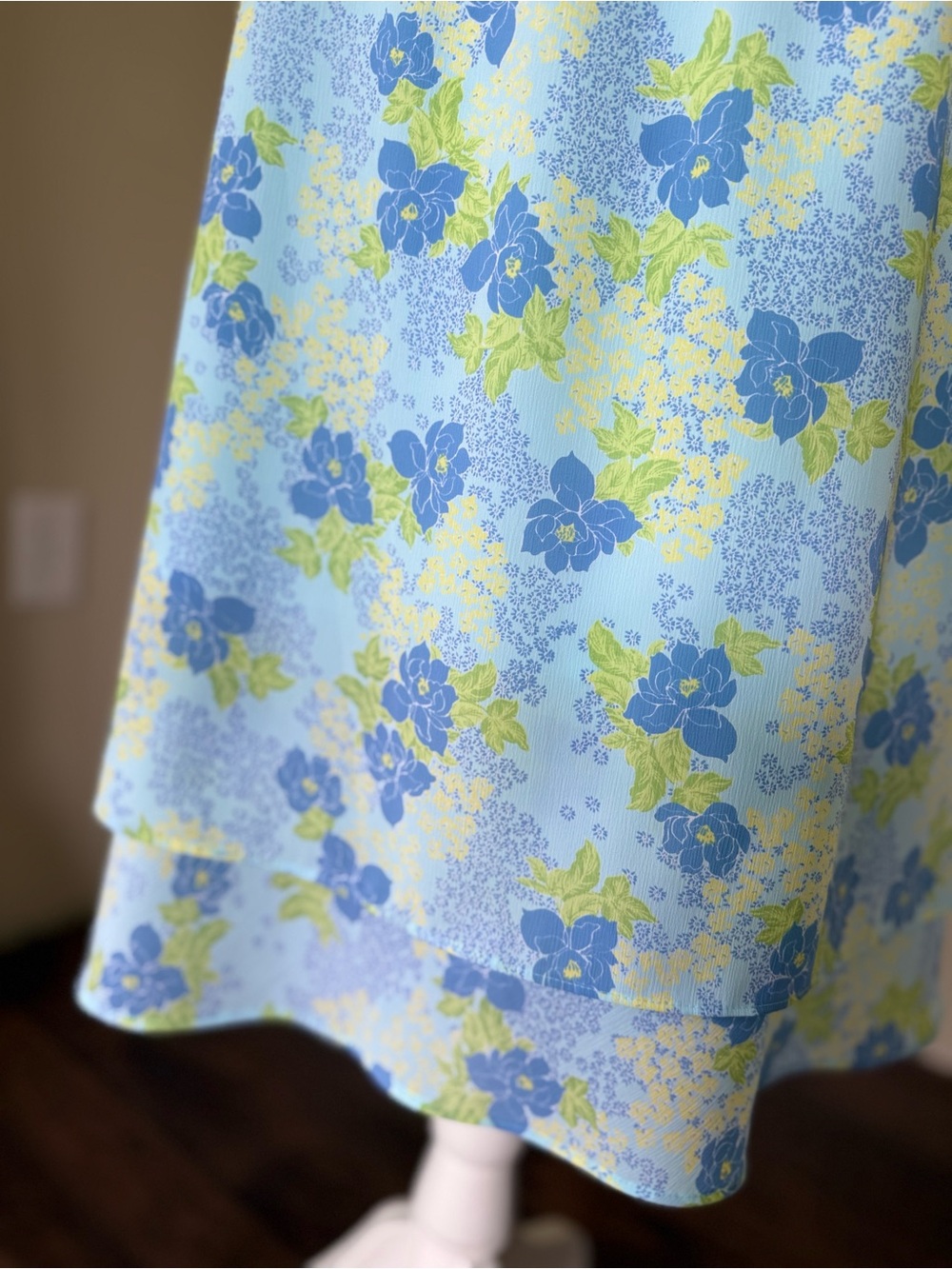 Vintage appàrelle Light Blue Floral Midi Skirt tiered ruffles chiffon skirt - Picture 5 of 7